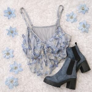 Grey Floral Blue Applique Cropped Semi Sheer Tank Size 3x